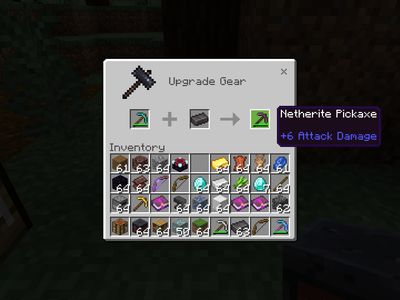 A Netherite Pickaxe in a Smithing Table in Minecraft