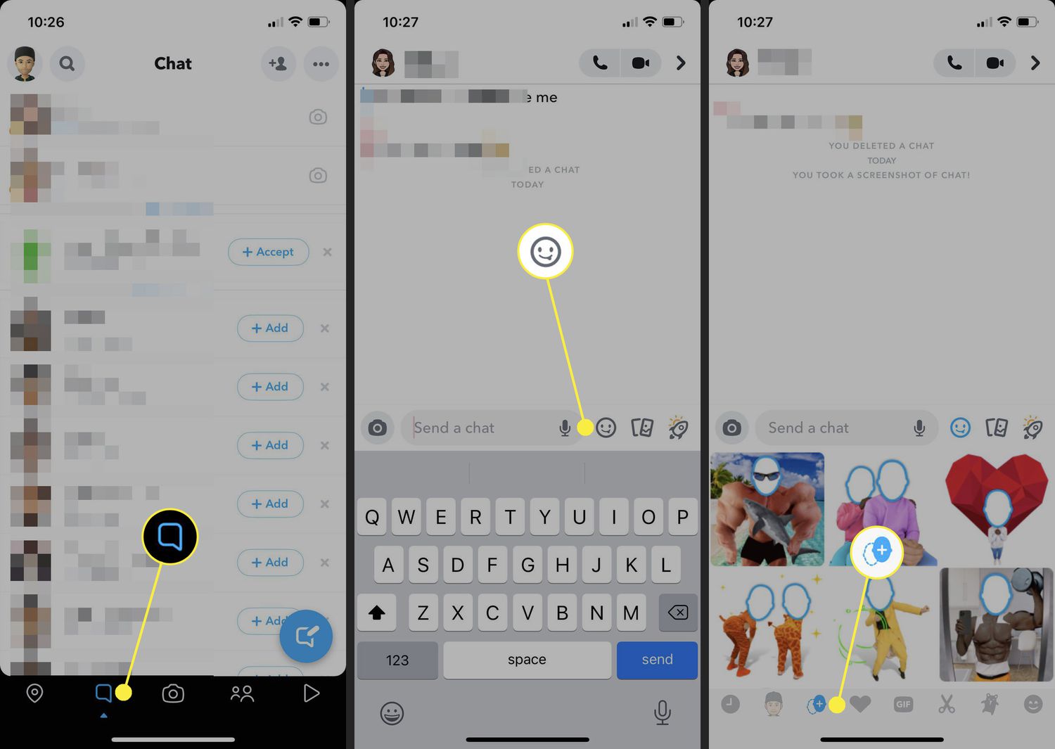 Chat button, Smiley icon, and the Cameo icon highlighted in SnapChat