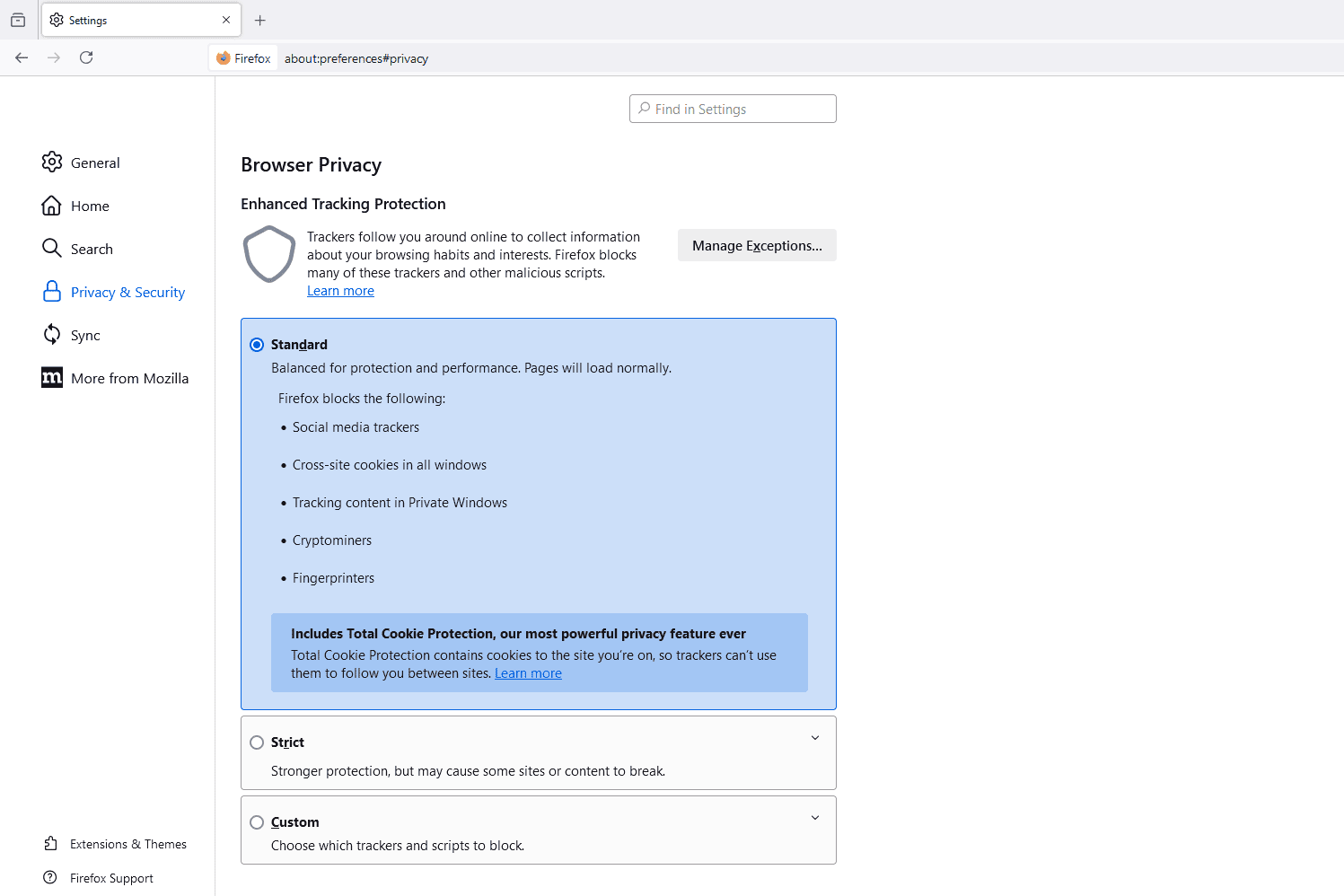 The Standard tracking protection option chosen in Firefox settings