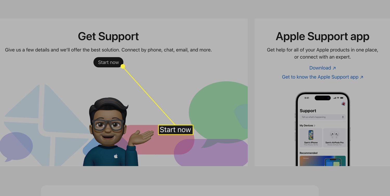 Start now button from the Get Support section of the Apple Support website.