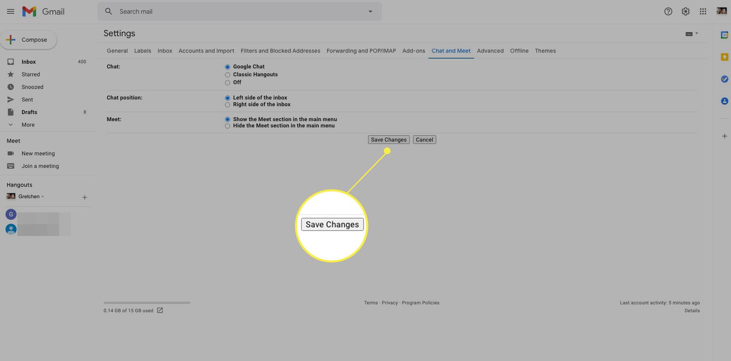 Gmail Chat and Meet settings with Save Changes highlighted