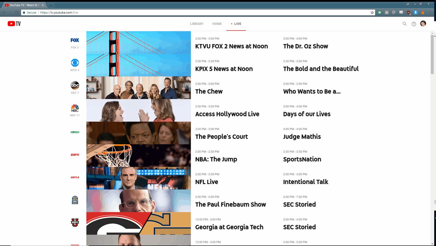 The Live listings on YouTube TV