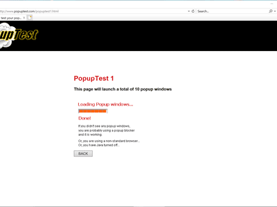 Internet Explorer browser displaying the PopupTest website.