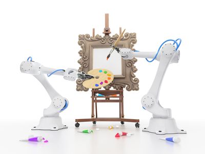 Industrial robotic arms beginning a painting on a framed canvas. The arm of the left is holding the paint palette and the arm on the right is holding a paint brush.