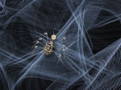 mechanical spider crawling in web of light streams