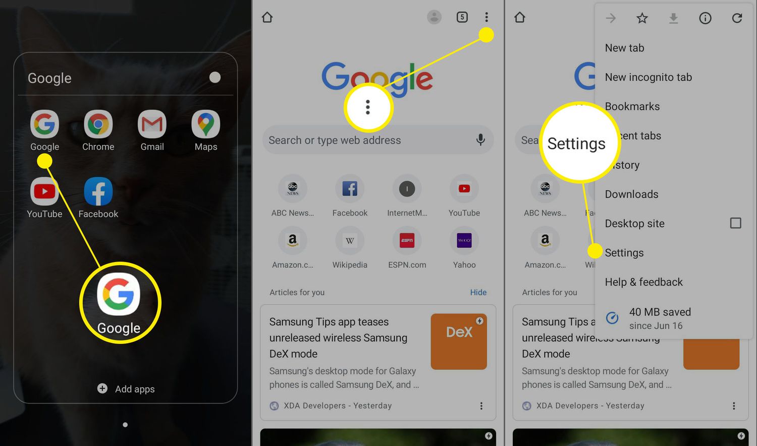 How to access Google Chrome app settings