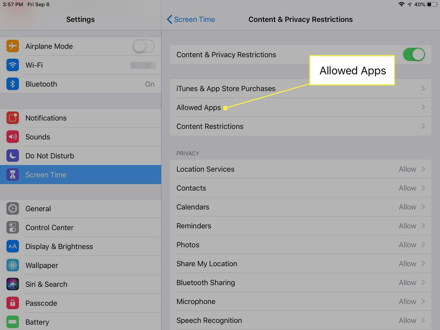 A screenshot of Content & Privacy Restrictions with Allowed Apps highlighted