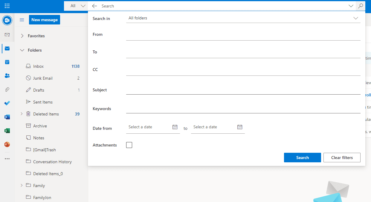 Outlook.com search options