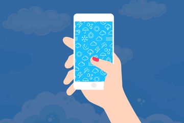 Illustration of a woman holding a phone with a weather background