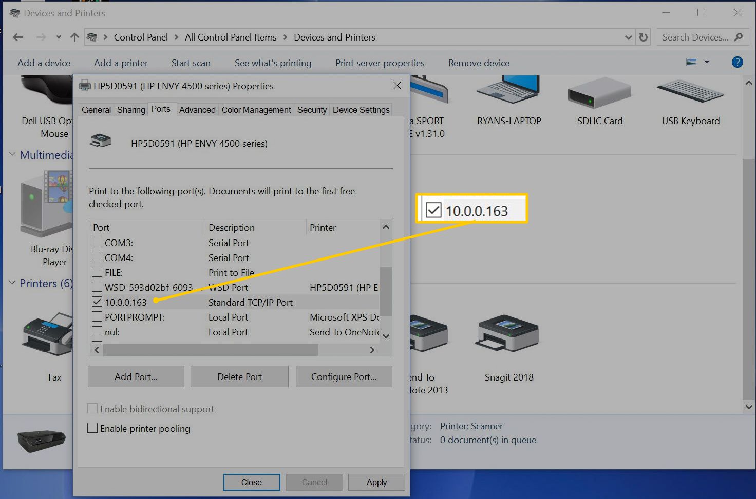 Ports tab of printer Properties with IP address