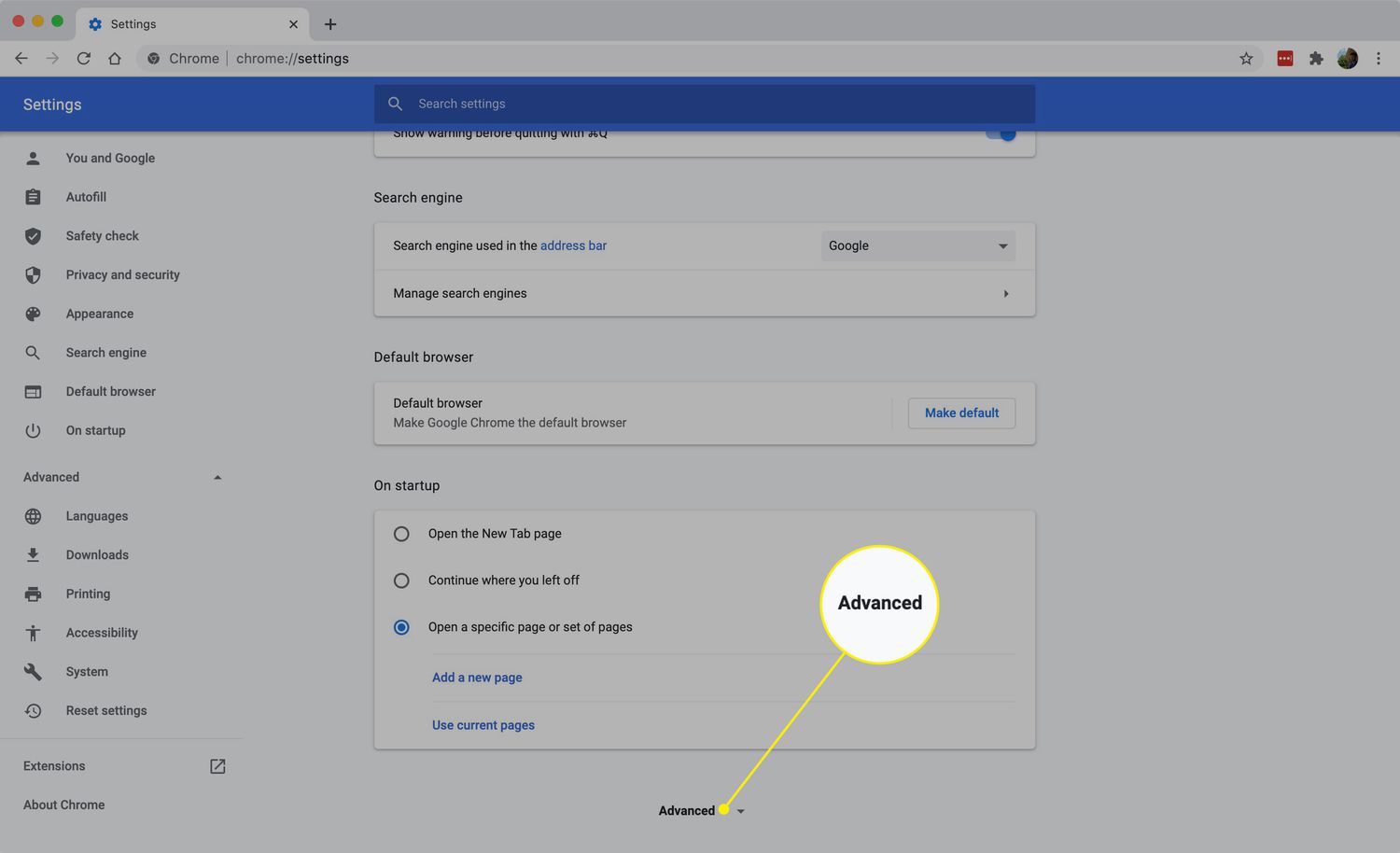 The Advanced heading in Chrome settings