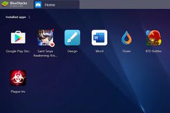 BlueStacks running on Windows, with Google Play Store icon, and six apps icons displayed (three games, a drawing app, Microsoft Word, and a weather app)