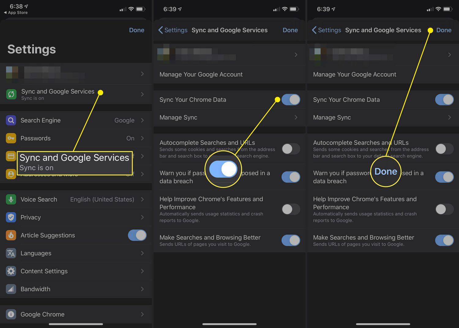 Sync and Google Services, Sync switch, Done