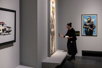 Woman photographing art in a museum