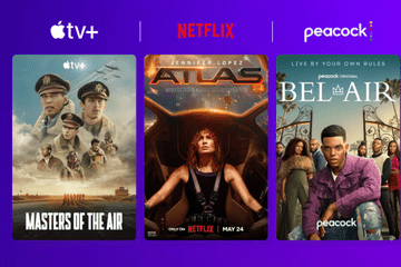 Apple TV+, Netflix, and Peacock show posters for Masters of the Air, Atlas, and Bel Air