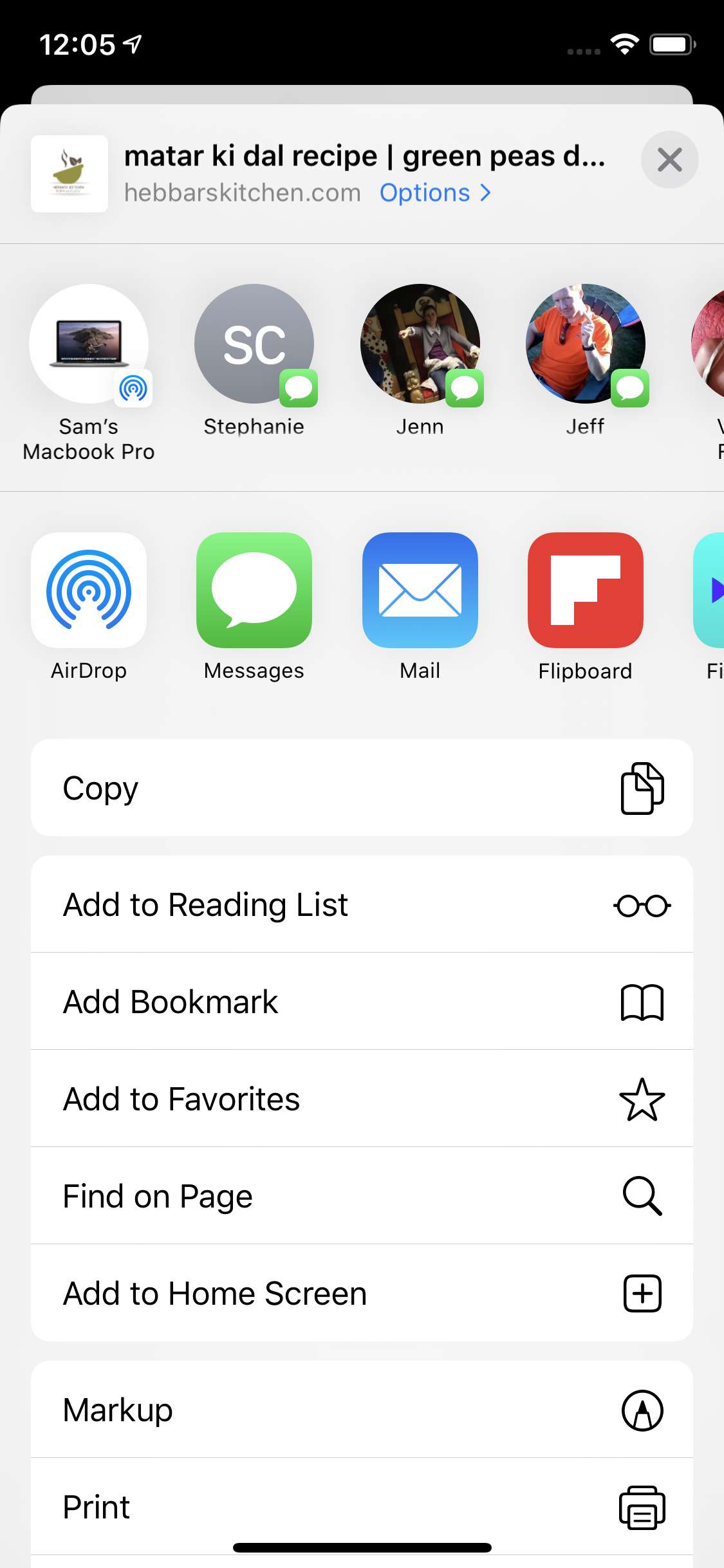 Screenshot of Safari with share sheet open on iOS 13