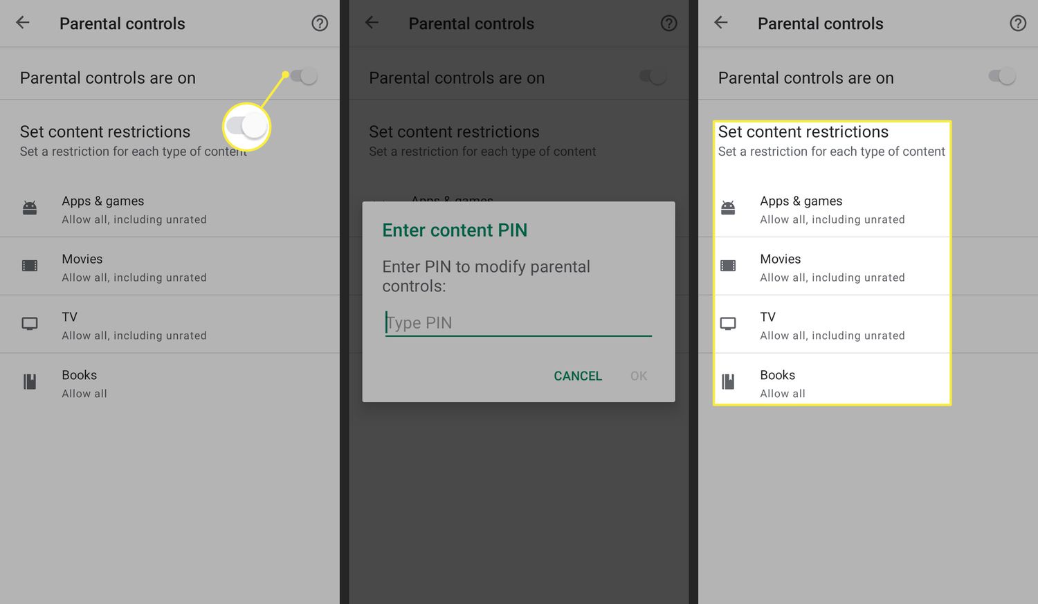 Parental Controls toggle and restriction options in Google Play