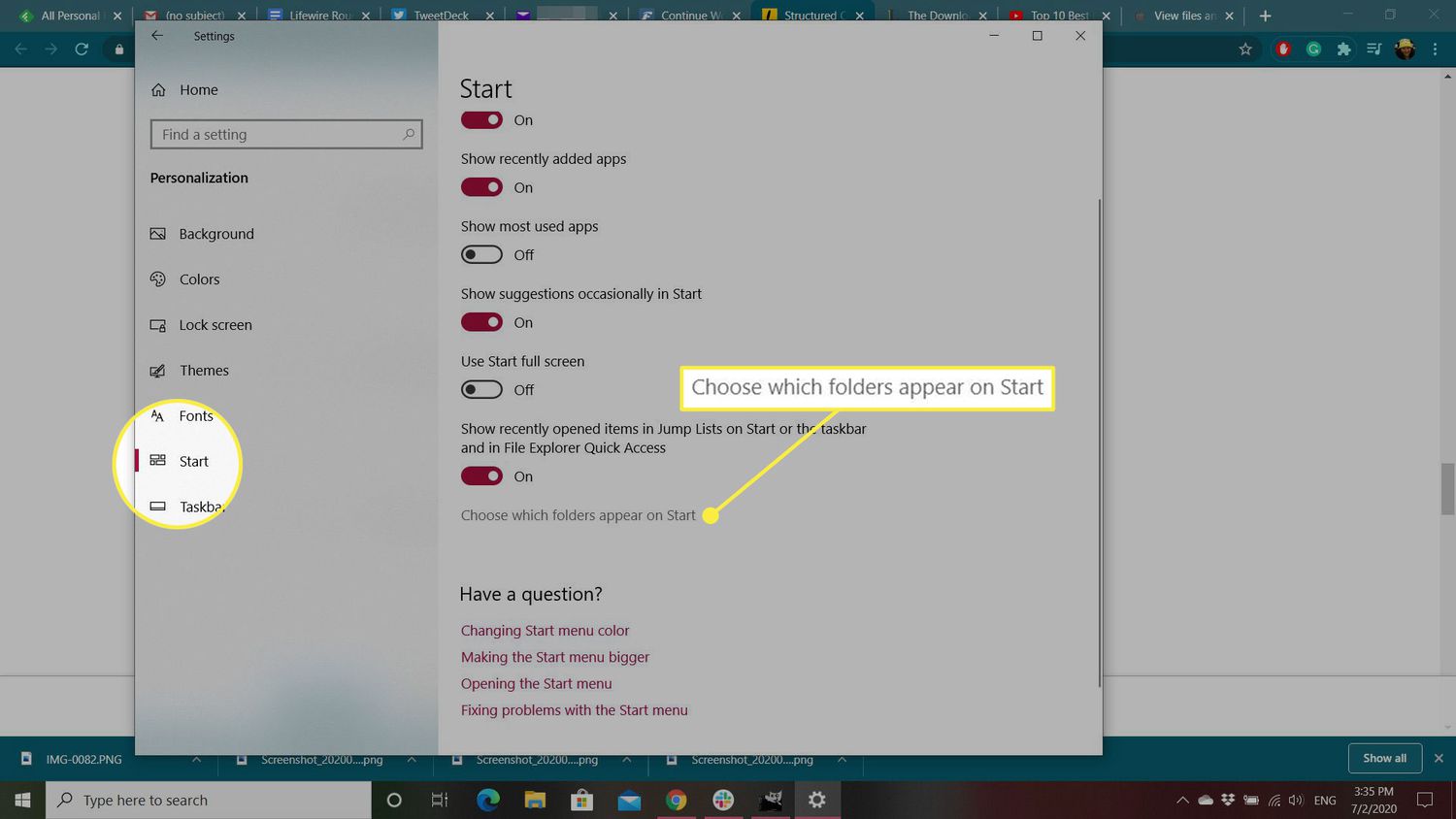 The Start heading and "Choose which folders" option in Windows settings