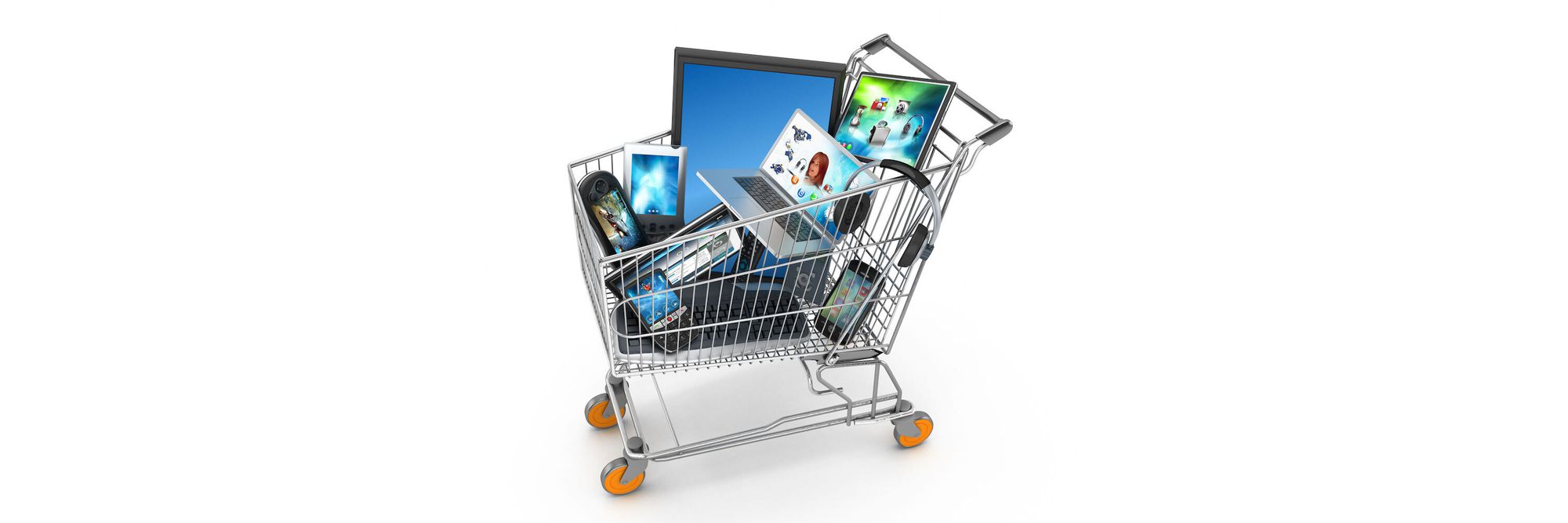 Isolated shopping cart full of electronic equipment. (Notebook computer, tablet PCs, cell phones, TVs etc.)