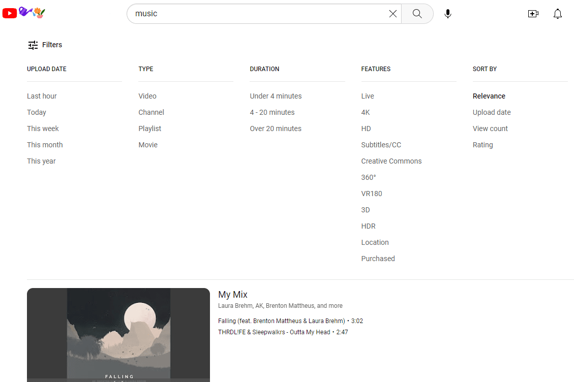 YouTube search filters