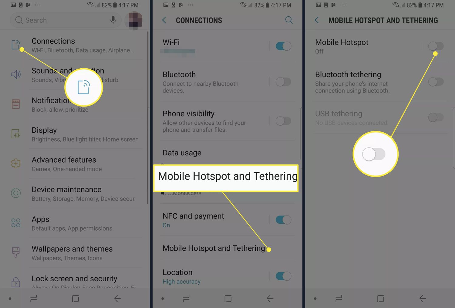 Connections, Mobile Hotspot and Tethering, and Mobile Hotspot toggle on Samsung Android phone