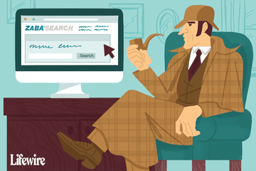 An illustration of Sherlock Homes looking at ZabaSearch.