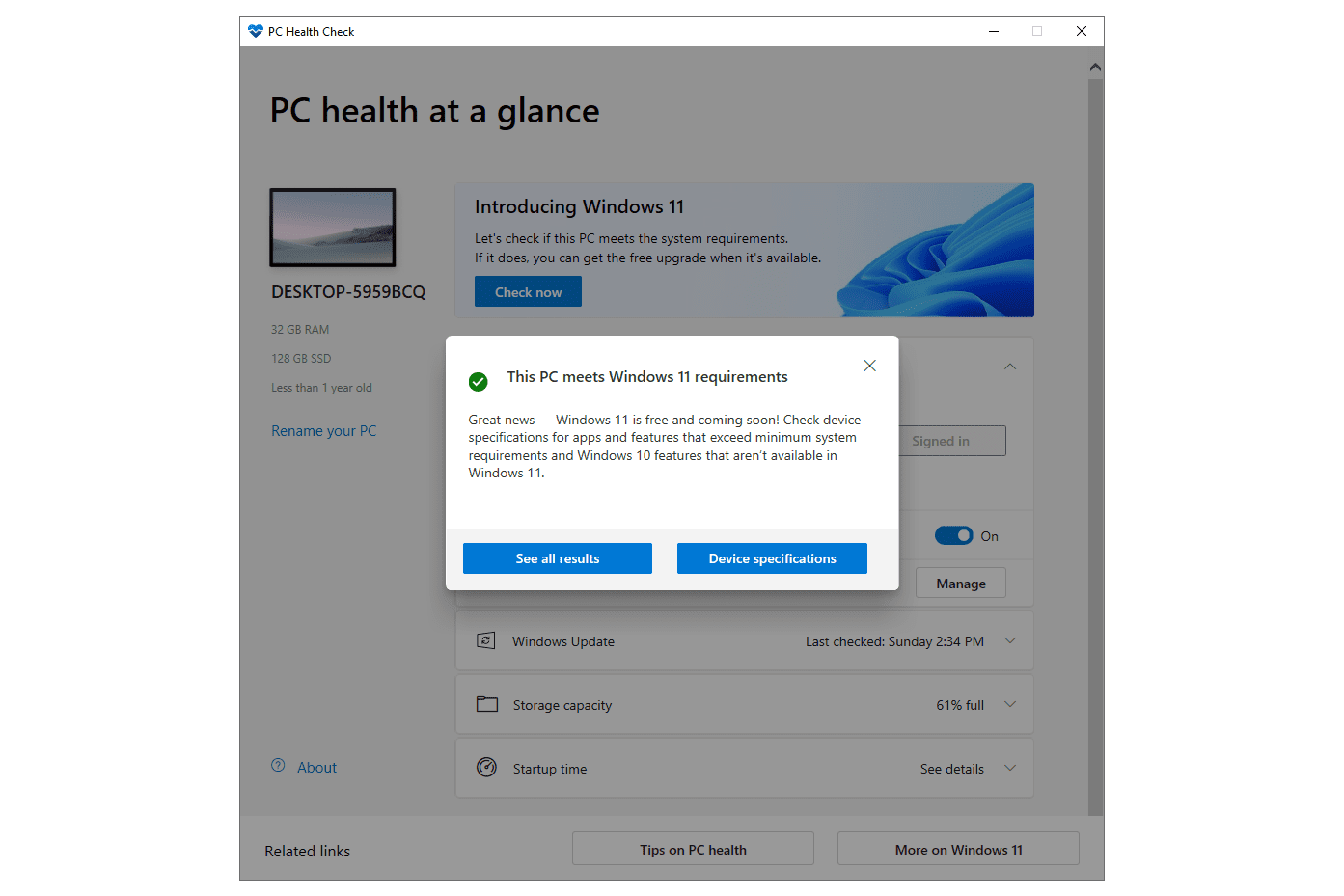 PC Health Check Windows 11 compatibility check