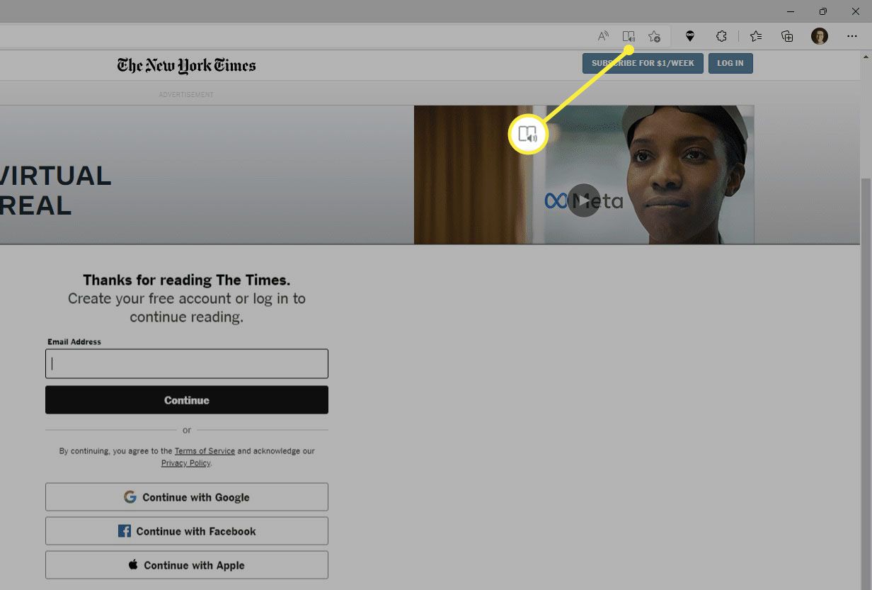 The Immersive Reader mode button highlighted in the Microsoft Edge browser.