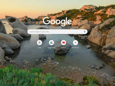 Google Chrome new tab page with a background image of a rocky shoreline at sunset.