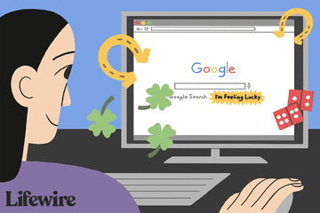 Illustration of a person using Google with lucky horseshoes, dice, and clovers around the screen