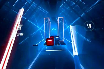 Playing Beat Saber on Oculus Quest.