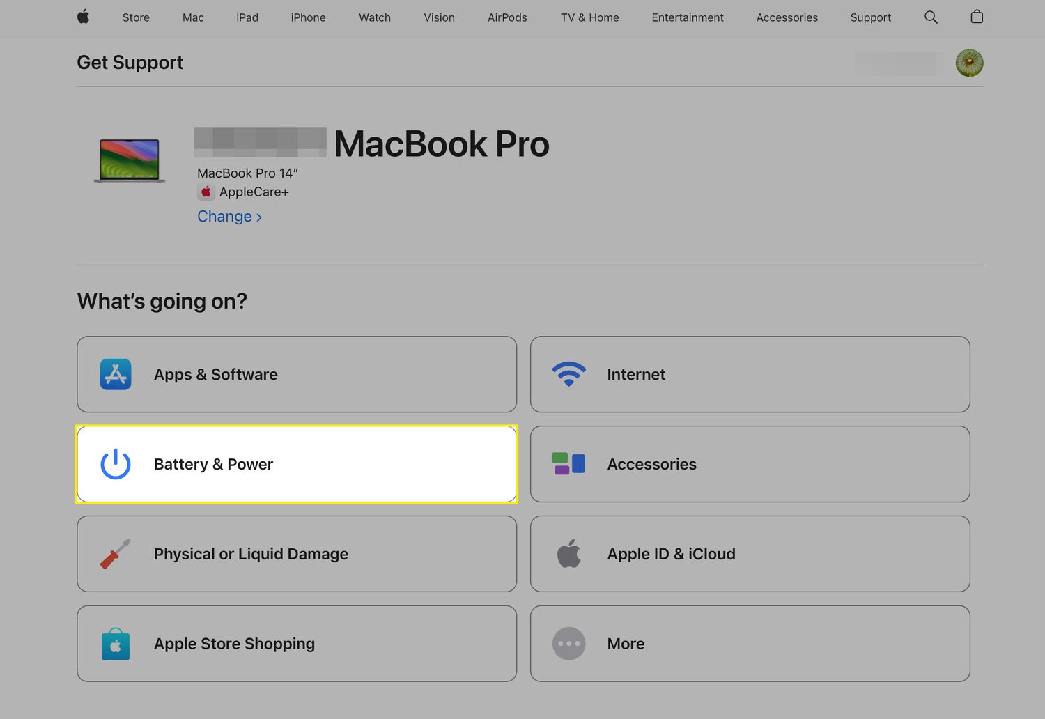 Battery & Power selected from a list of hardware issues on the Apple Support website.