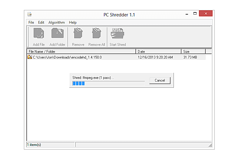 PC Shredder 1.1 shredding a folder