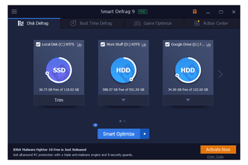 Smart Defrag 9 disk defrag tab selected