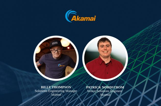 Akamai 로고, 빌리 톰슨, 패트릭 노드스트롬이 등장하는 웨비나 발표 이미지.