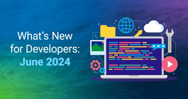 Imagen de un ordenador portátil rodeado de diferentes iconos con el texto What&#039;s New for Developers June 2024 a la izquierda.