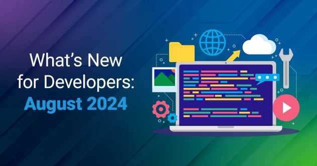 Der Text &quot;What&#039;s New for Developers: August 2024&quot; mit der Illustration eines Laptops mit buntem Code und einer Vielzahl von Symbolen im Hintergrund, darunter eine Wolke, ein Dateiordner und ein Schraubenschlüssel