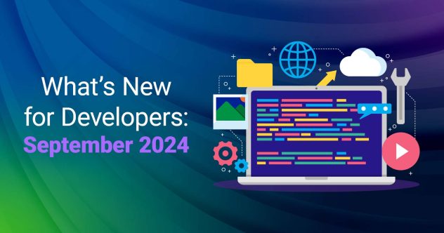 The text "What's New for Developers: September 2024" with an illustration of a laptop with colorful code and a variety of symbols in the background, including a cloud, file folder, and a wrench