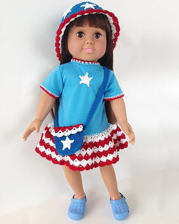 Little Miss Liberty 18" Doll T-Shirt Dress, Hat & Purse Crochet Pattern - Maggie's Crochet