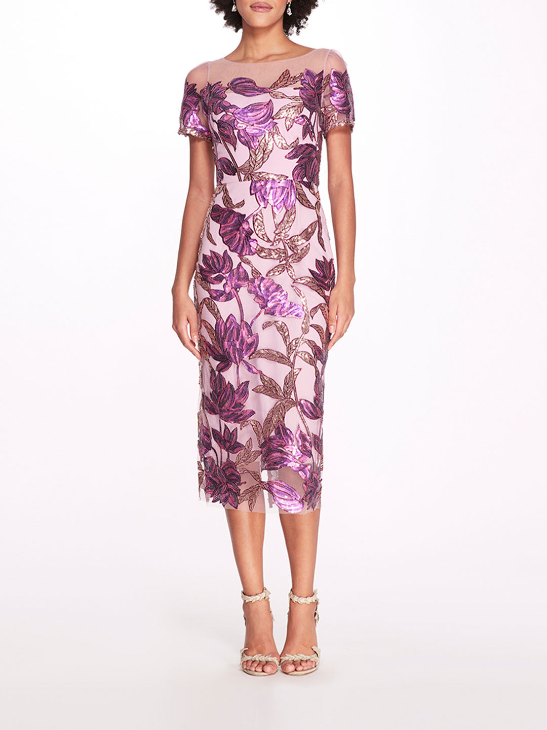 Lotus Sequin Cap-Sleeved Pencil Dress | Marchesa