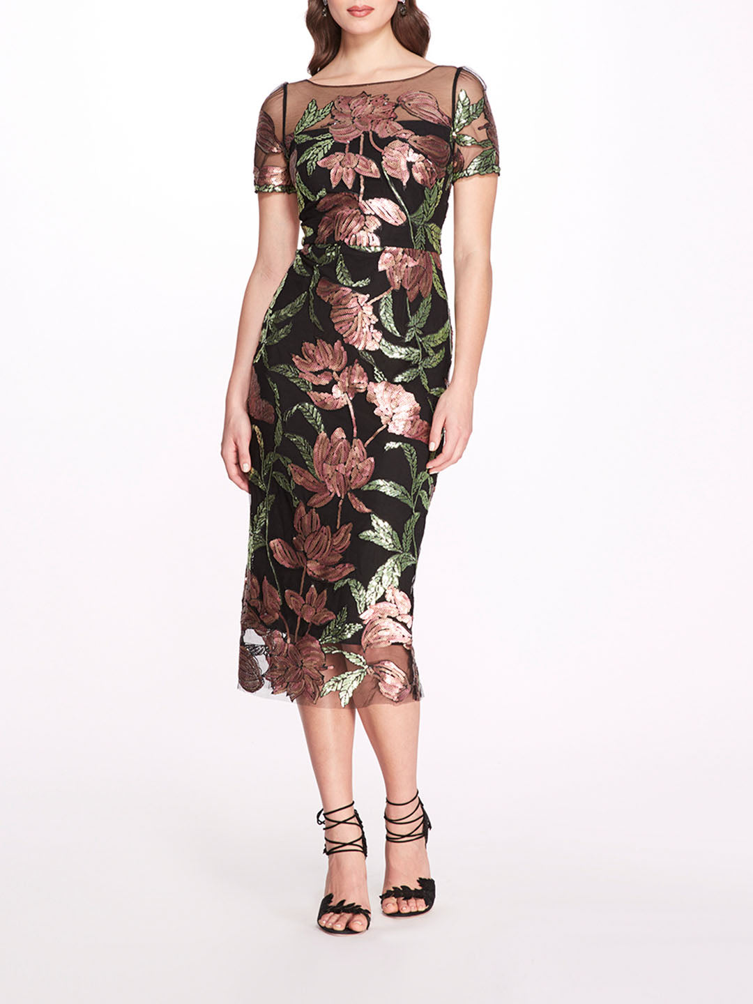 Lotus Sequin Cap-Sleeved Pencil Dress | Marchesa