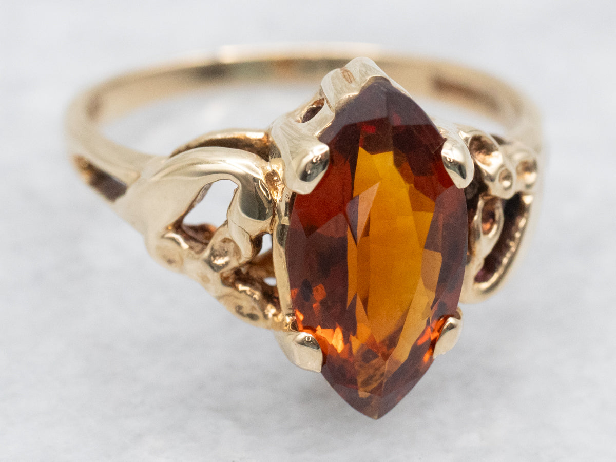 Marquise Cut Citrine Solitaire Ring with Openwork Shoulders