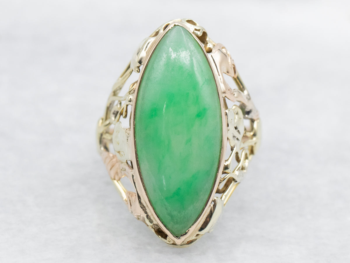 Floral Art Nouveau Era Jadeite Cocktail Ring