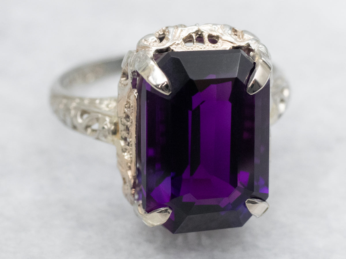 Antique Art Deco Amethyst Solitaire Filigree Ring