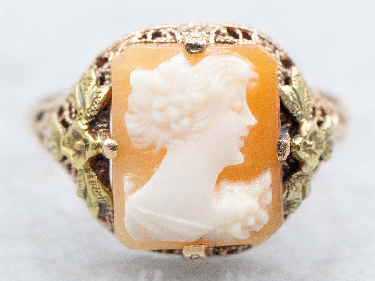 Victorian Revival Cameo Floral Filigree Ring