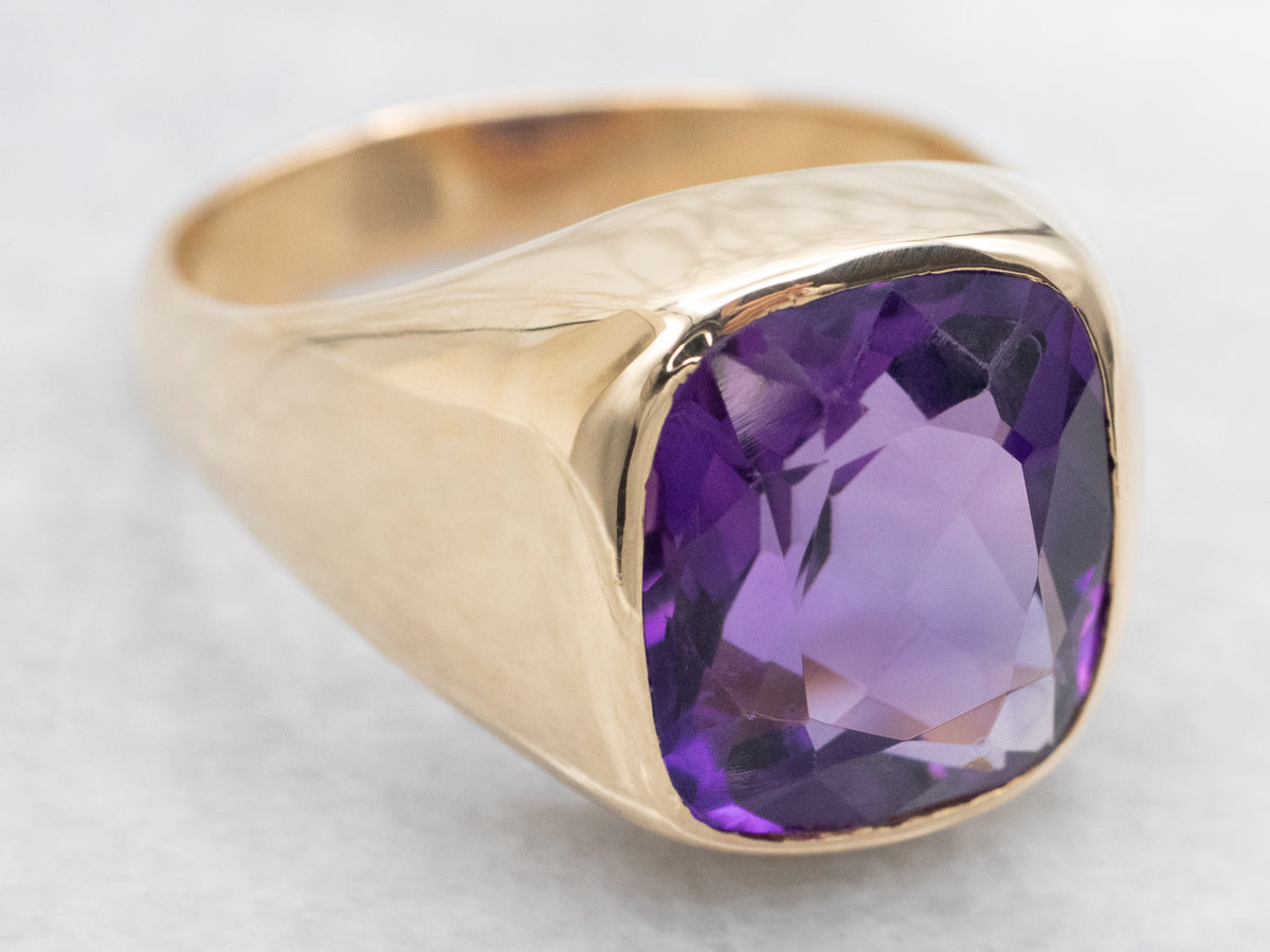 Vintage Cushion Cut Bezel Set Amethyst Solitaire Ring