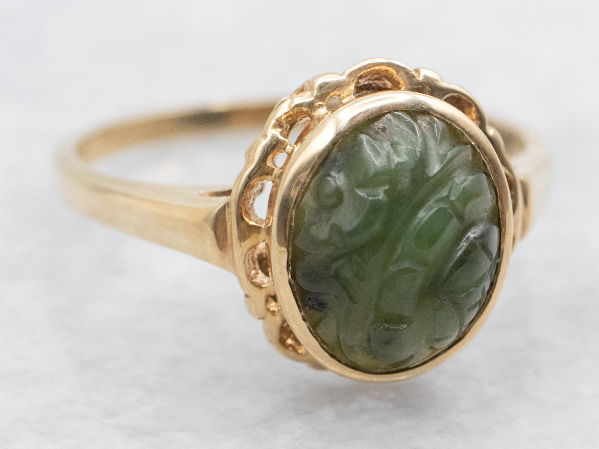 Vintage Carved Nephrite Jade Solitaire Ring