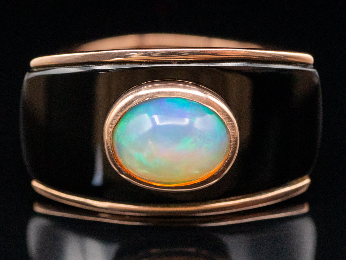 Modernist Opal, Black Onyx, and Pink Tourmaline Ring