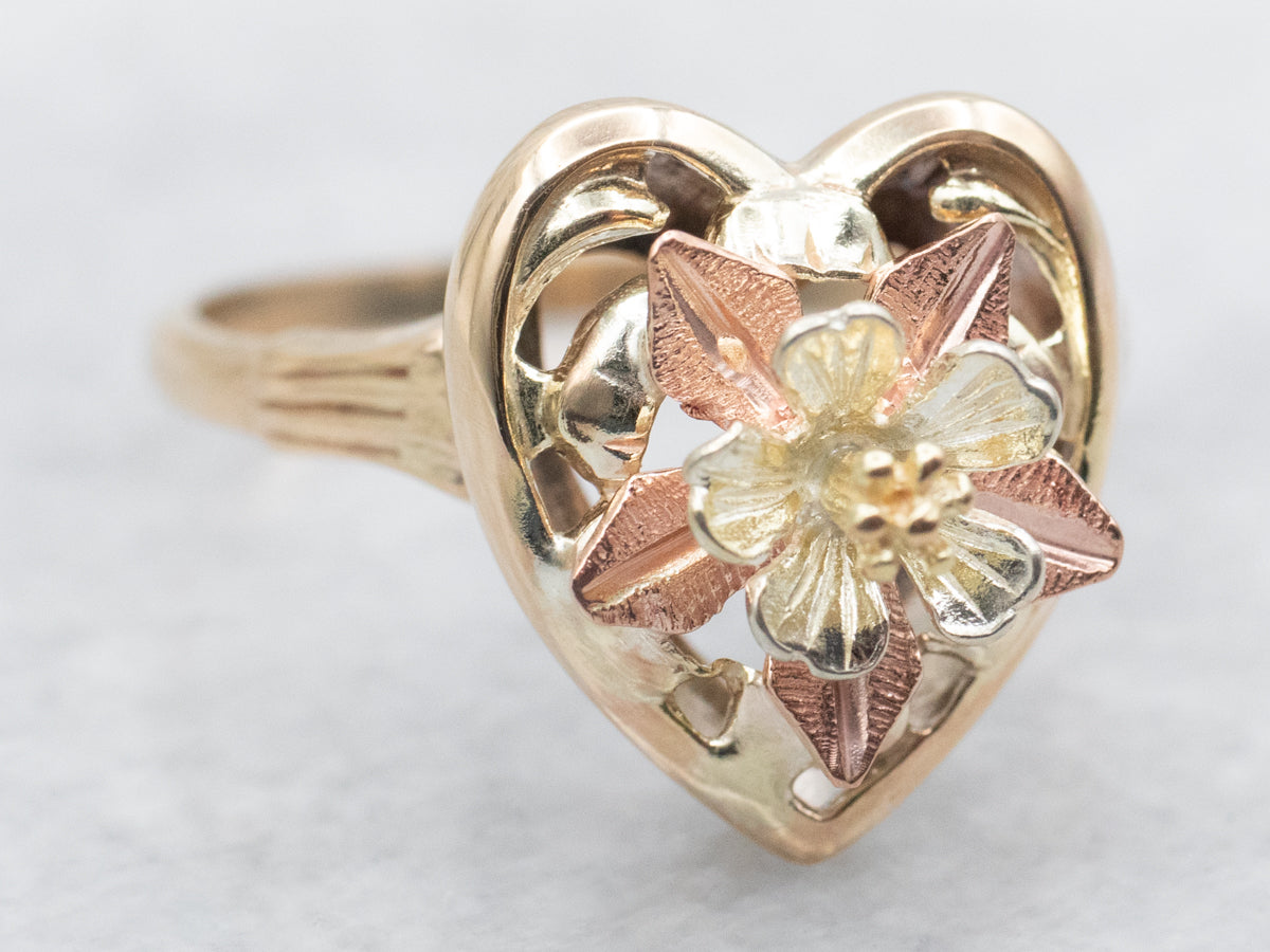 Mid Century Two Tone Heart Flower Blossom Ring