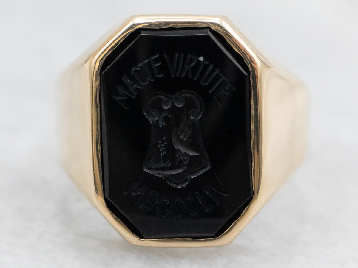 Vintage "MACTE VIRTUTE MDCCCLIV" Carved Black Onyx College Ring